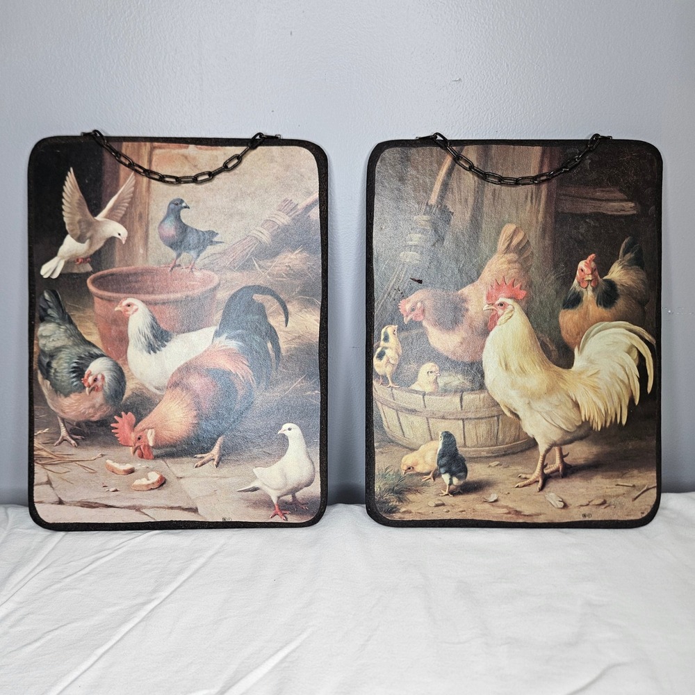 Vintage LBS Rooster Chicken Farmyard Wall Art Set of 2 Hanging Chain Plaque 12x9